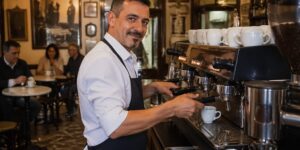 A barista prepares espresso at an Italian espresso bar with patrons enjoying coffee in the background.