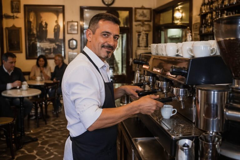 A barista prepares espresso at an Italian espresso bar with patrons enjoying coffee in the background.