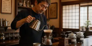 A Japanese man brewing coffee in a traditional kissaten coffee shop with wooden furniture and soft lighting