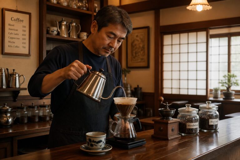 A Japanese man brewing coffee in a traditional kissaten coffee shop with wooden furniture and soft lighting