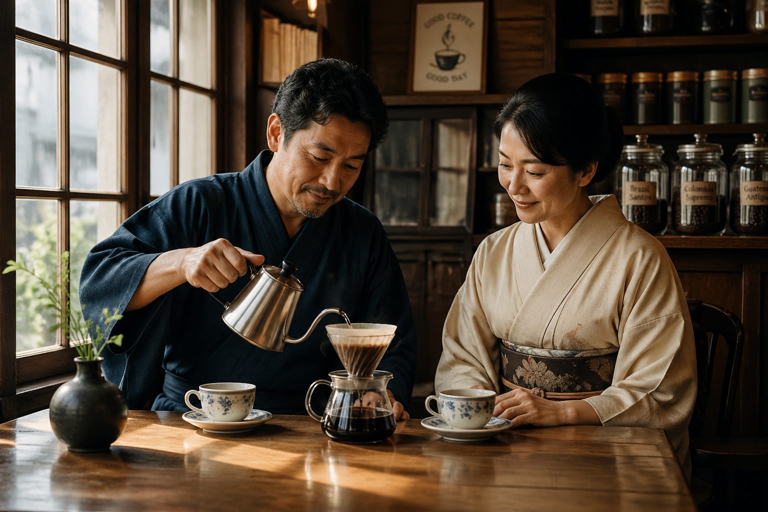 A man and woman in a Japanese kissaten coffee shop enjoying coffee together