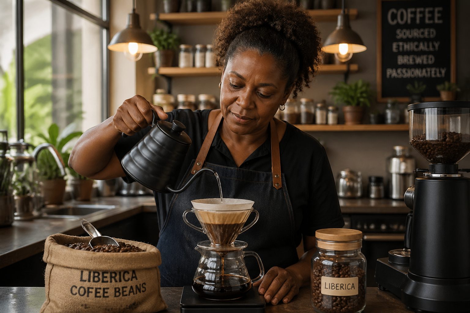 A barista brewing Liberica coffee in a café, showcasing the distinct coffee beans and brewing method.