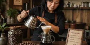 A barista brewing Liberica coffee in a cozy café, showcasing the unique coffee beans.