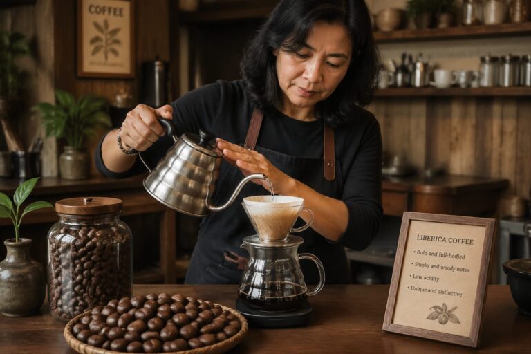 A barista brewing Liberica coffee in a cozy café, showcasing the unique coffee beans.