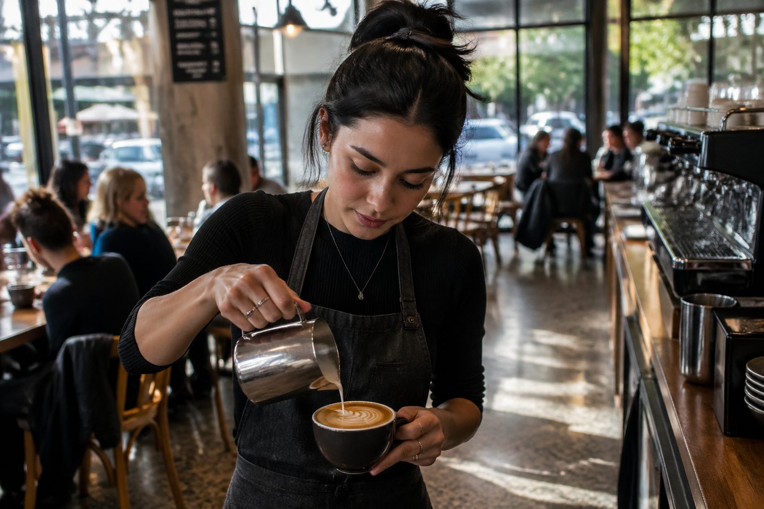 A young woman pouring latte art in a busy Melbourne coffee shop with patrons in the background.