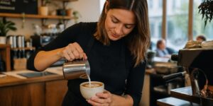 A woman barista pouring latte art in a Melbourne café
