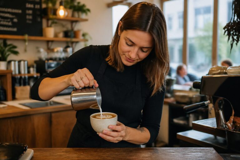 A woman barista pouring latte art in a Melbourne café