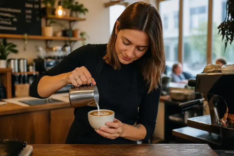 A woman barista pouring latte art in a Melbourne café