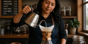 A barista brewing coffee in a café, highlighting the process of making Mexican specialty coffee.