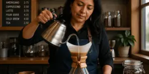 A barista brewing coffee in a café, highlighting the process of making Mexican specialty coffee.