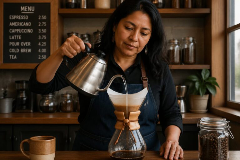 A barista brewing coffee in a café, highlighting the process of making Mexican specialty coffee.
