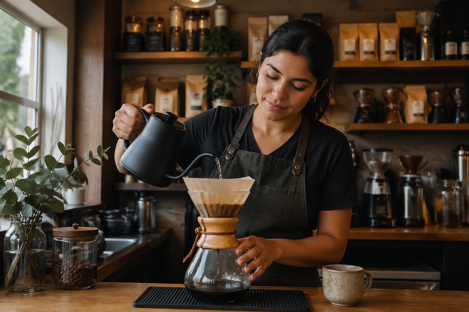 A young Hispanic woman brewing coffee in a café, focusing on the Chemex coffee maker.