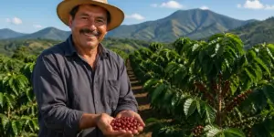 A Nicaraguan coffee farmer holding fresh coffee cherries in a coffee plantation