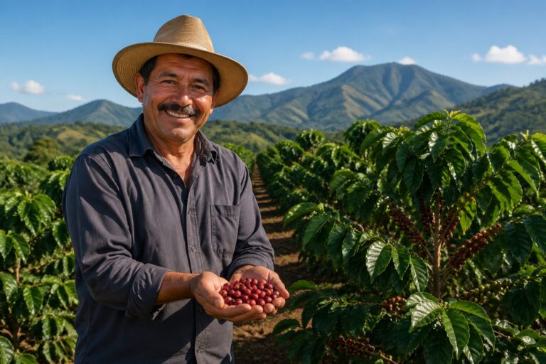 A Nicaraguan coffee farmer holding fresh coffee cherries in a coffee plantation