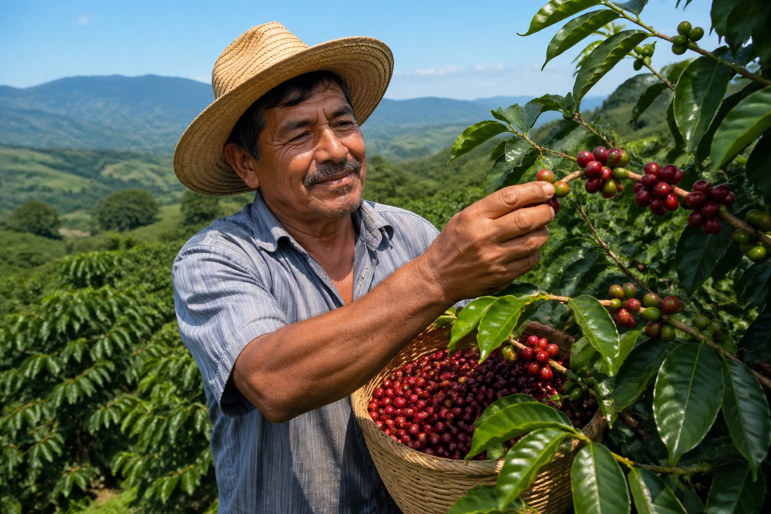 A Nicaraguan coffee farmer inspecting ripe coffee cherries in a lush plantation