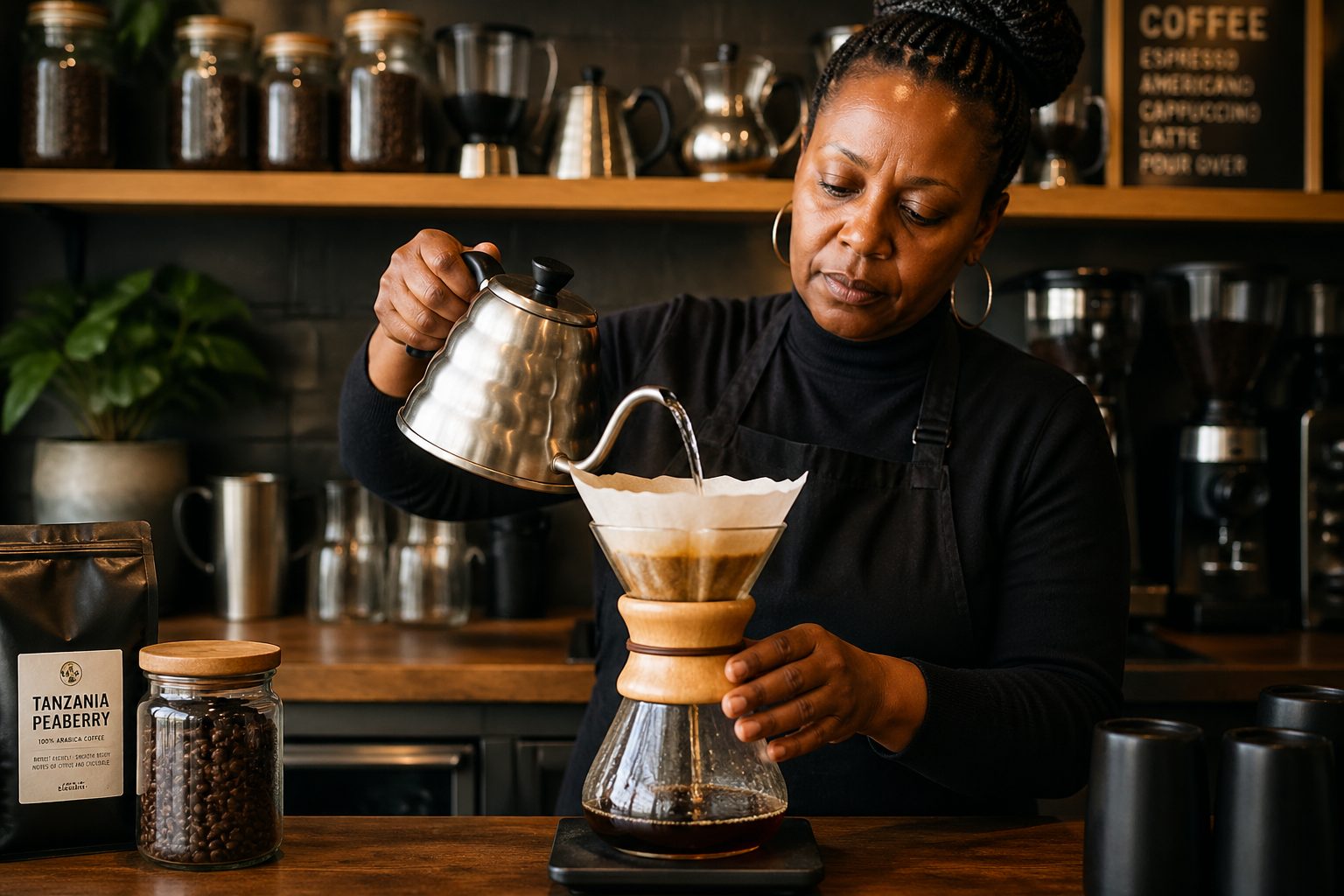 A barista brewing Tanzania Peaberry coffee in a coffee shop, showcasing the brewing process.