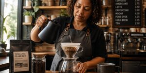 A barista brewing Tanzania Peaberry coffee in a coffee shop, showcasing the coffee-making process and equipment.