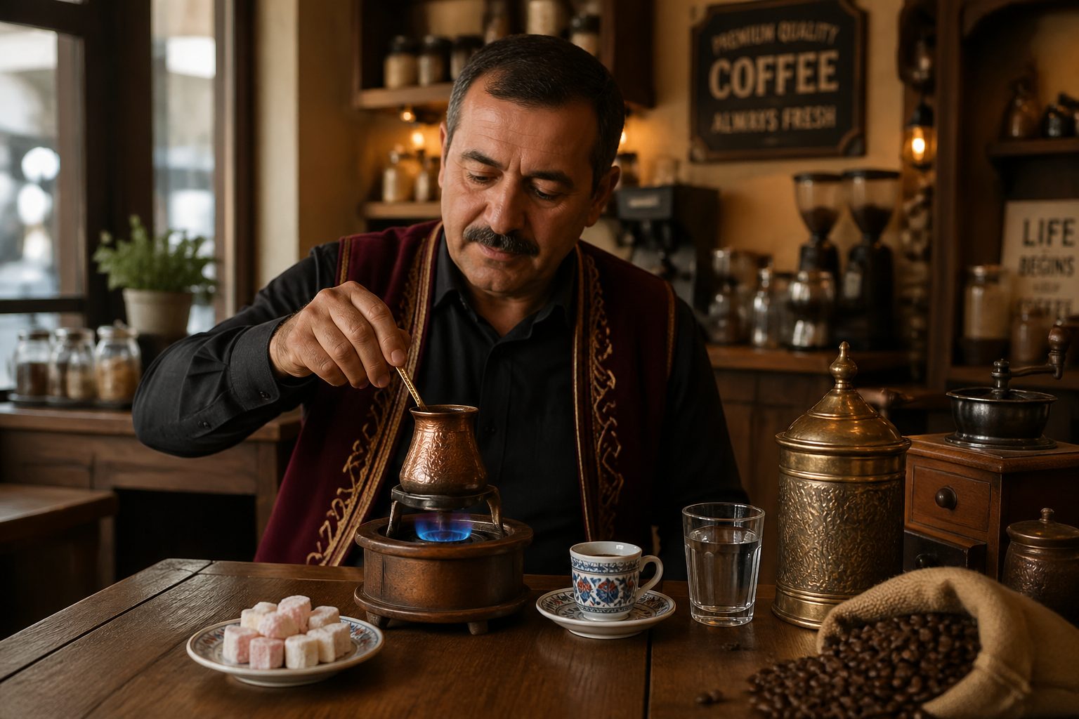 A Turkish man preparing traditional Turkish coffee in a café, showcasing the cultural importance of the beverage.
