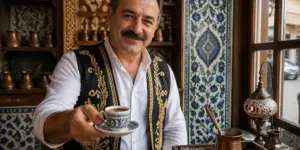 A Turkish man serving traditional coffee in a decorated coffee shop