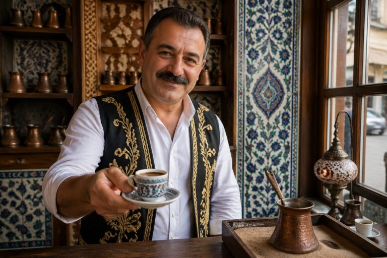 A Turkish man serving traditional coffee in a decorated coffee shop