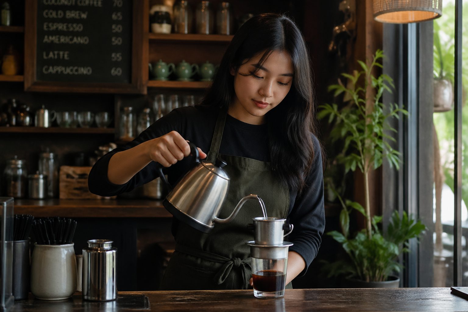 A Vietnamese woman prepares traditional coffee using a phin filter in a cozy coffee shop.