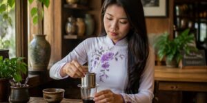 A Vietnamese woman in traditional dress preparing drip coffee in a cozy coffee shop.