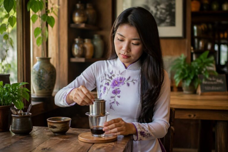A Vietnamese woman in traditional dress preparing drip coffee in a cozy coffee shop.